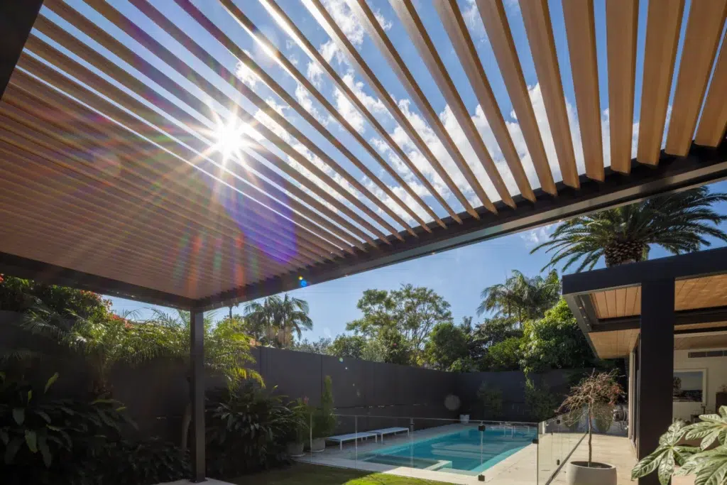 View of the pool from underneath the Concord opening roof system.