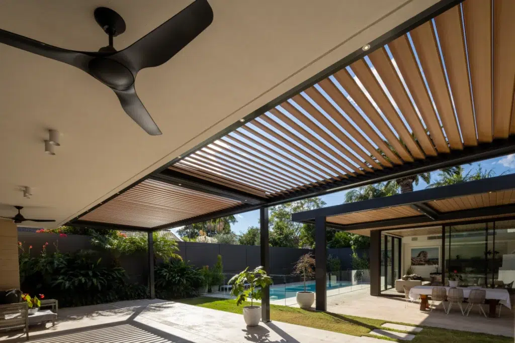 Outdoor ceiling fan installed to the patio area.